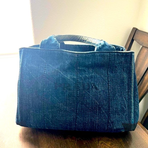 Low start-Prada Canapa Distressed Patch Denim Blue Handbag - Picture 2 of 14